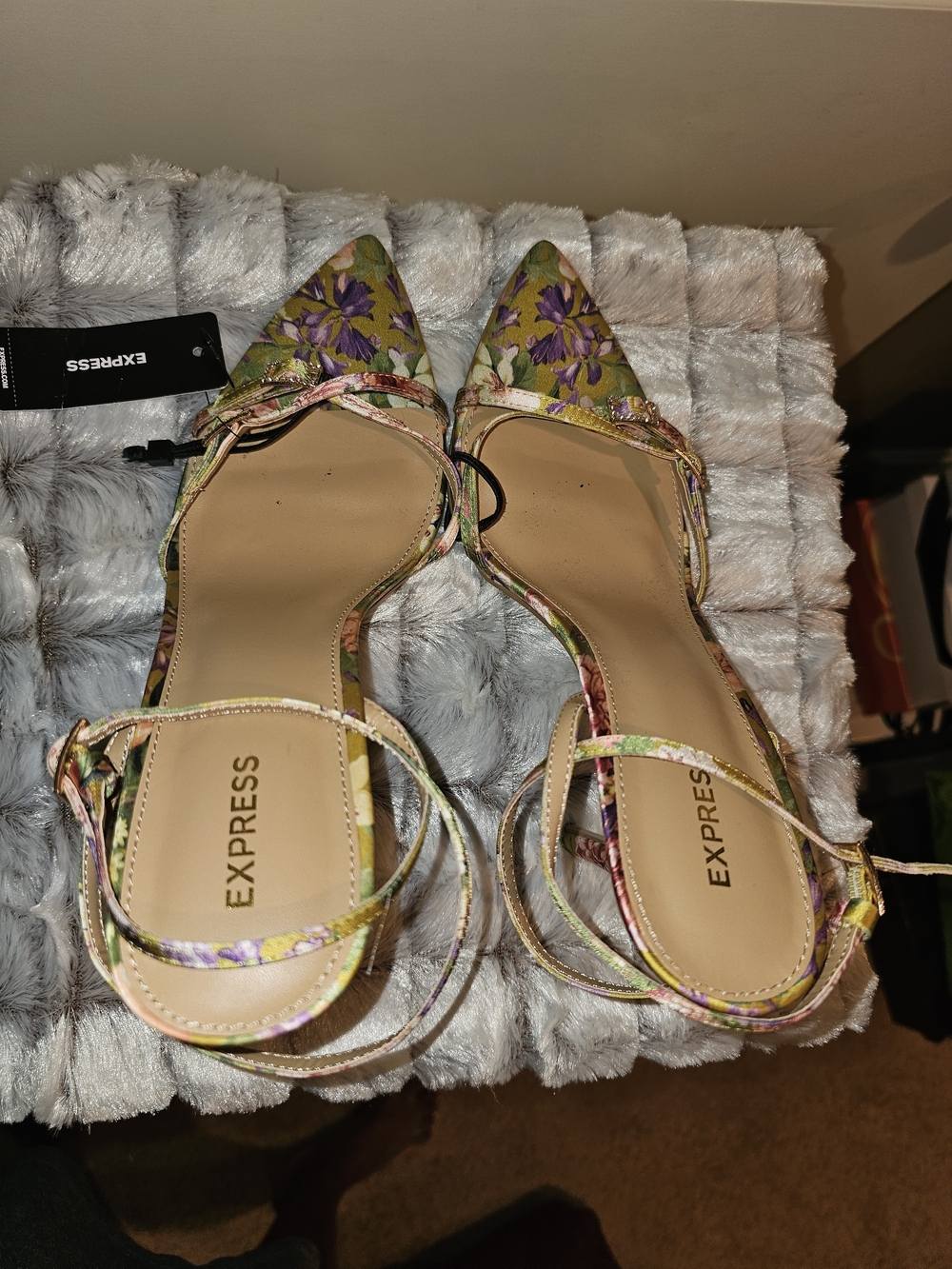 Express Floral Pointed Toe Strappy Heels in Yellow and Purple - Picture 3 of 4